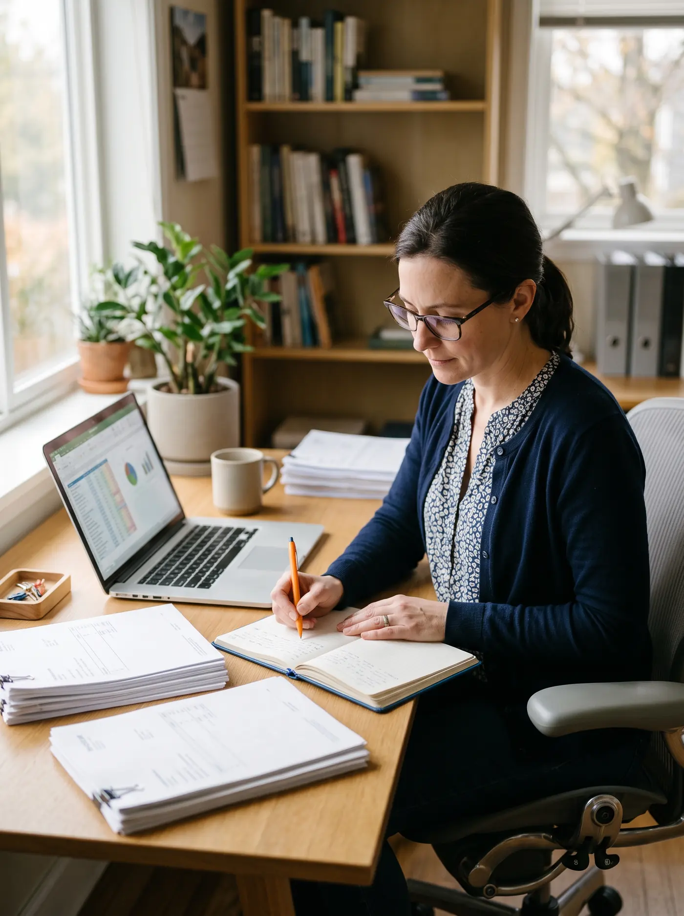 Bookkeeper at a desk with invoices and a laptop