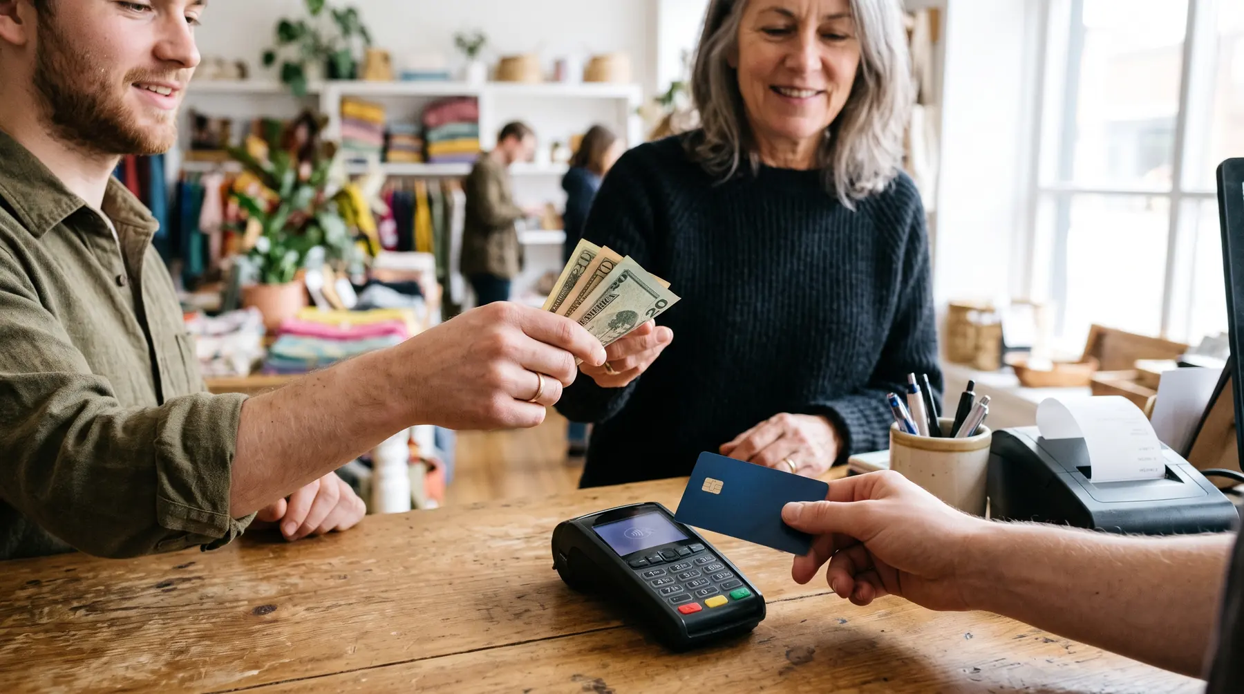 Hands holding cash and a card at a register