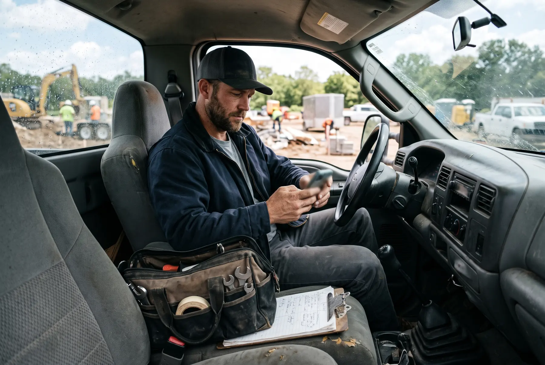 Contractor in a work truck checking his phone