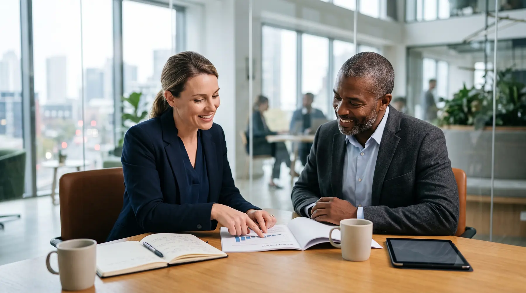 Two professionals reviewing documents at a conference table