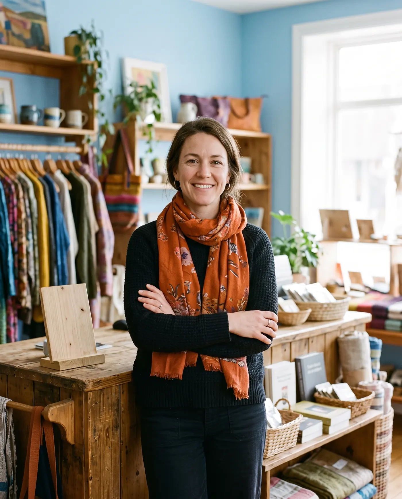 Boutique owner standing near her checkout counter