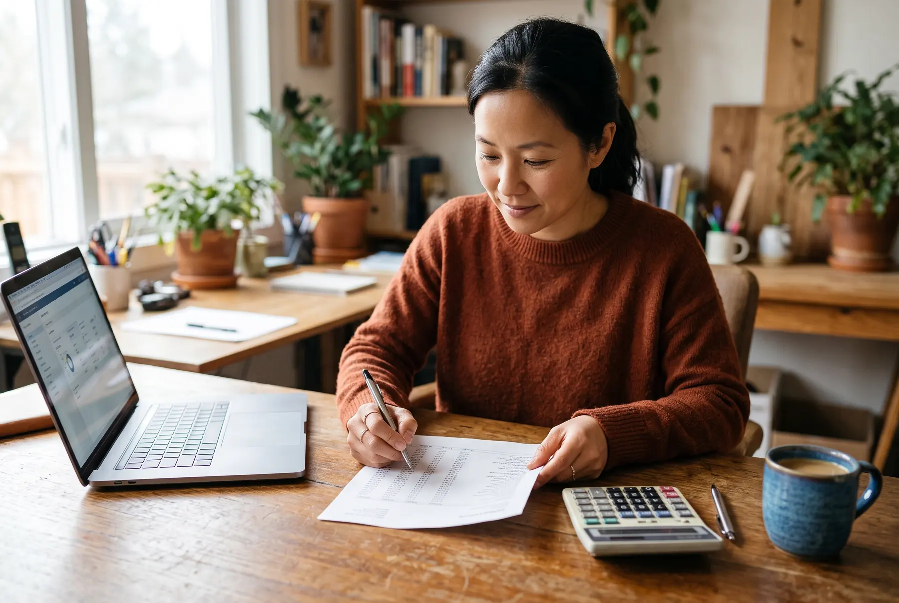 Business owner reviewing a processing statement at a desk
