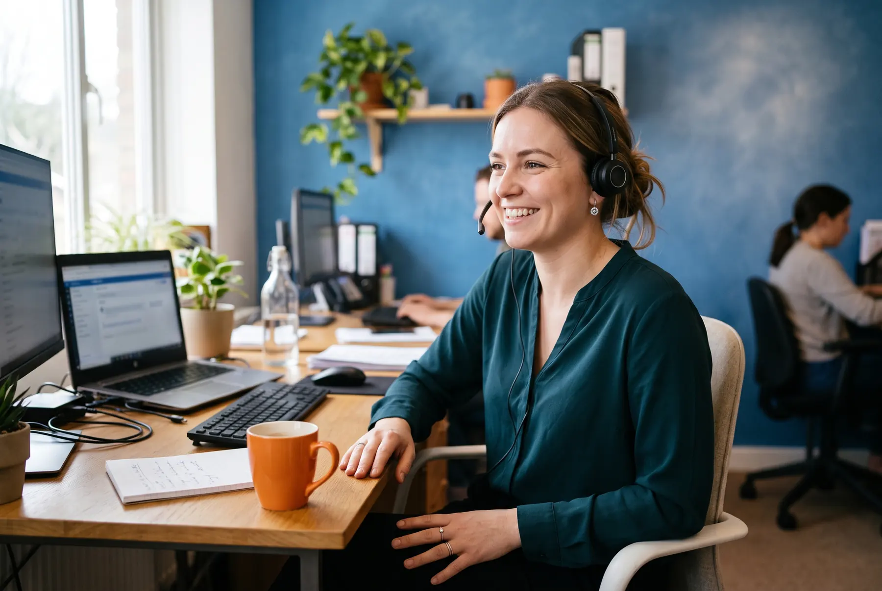 Support representative on a call at a small office desk