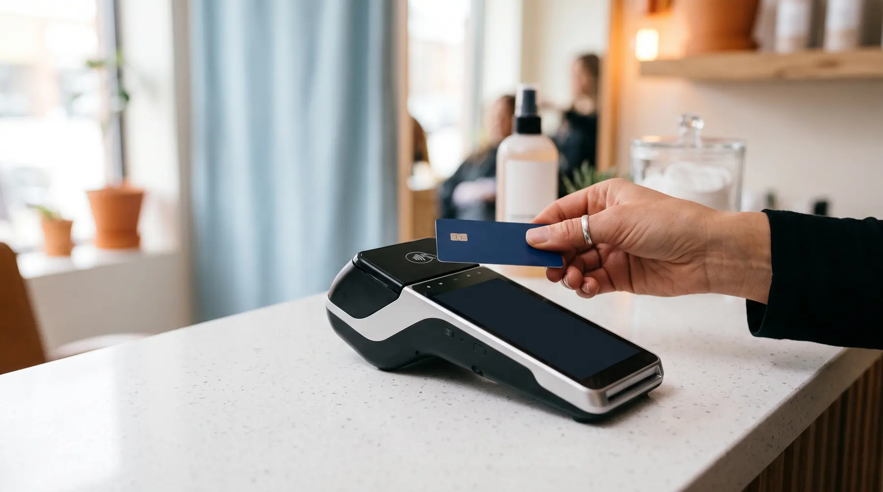 Close-up of a countertop payment terminal